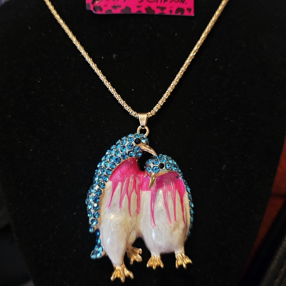 Betsey Johnson Blue and Pink Penguin Necklace